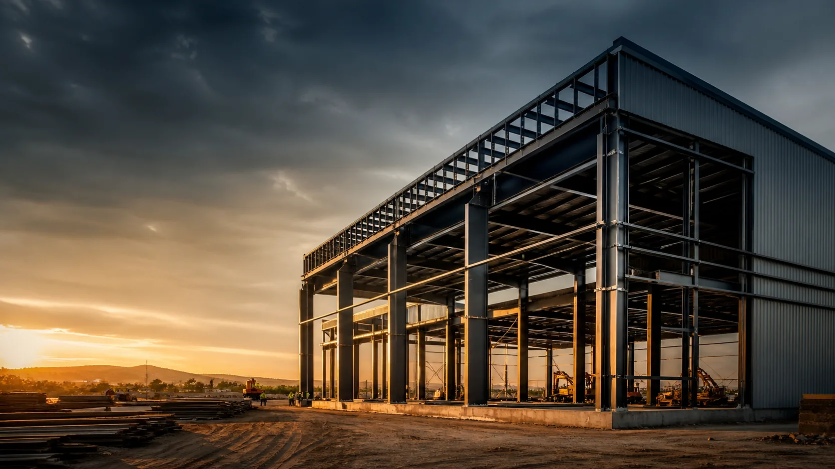 Steel-frame warehouse structure during construction