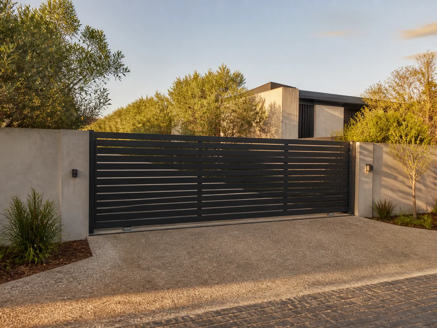 Modern black motorised steel entrance gate