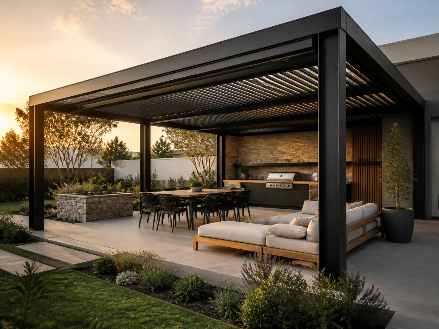 Dark steel pergola over an outdoor entertainment area